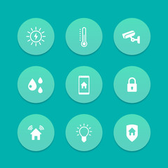 Canvas Print - Smart house icons, cctv, security, signalling, light, temperature control icons, aquamarine set, vector illustration