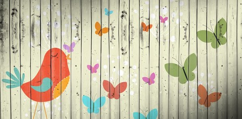 Poster - Composite image of orange bird with heart and dandelions