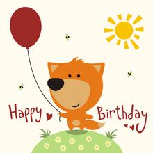 Happy Birthday Card, Vector Funny Fox With Balloon, Handwritten Text