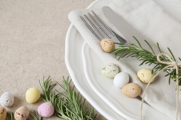 Wall Mural - Easter table setting copyspace background, selective focus,.