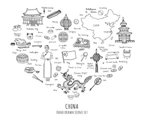  Hand drawn doodle China icons collection Vector illustration Sketchy Chinese icons set Big set of icons for Welcome to China Concept Tea Ceremony Chinese food National costume Lantern Dim Sum Dragon