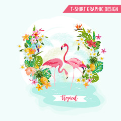 Wall Mural - Tropical Graphic Design - Flamingo and Tropical Flowers - for t-sirt