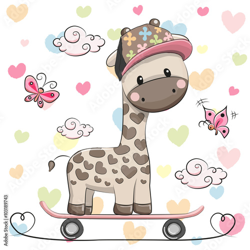 Obraz w ramie Cute Giraffe with skateboard