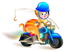 Illustration Of Funny Kitten Traveling On A Motorbike, Vector Cartoon Image.