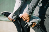 Women stretching for warming up before running or working out. Fitness and healthy lifestyle concept.