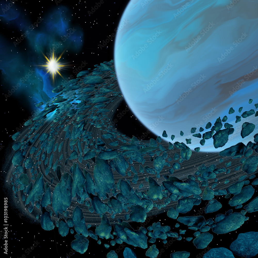 Blue Planet with Rings - A planetary ring consisting of moons or ...