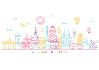 Wall Mural - Europe detailed Skyline. Travel and tourism background. Vector background. line illustration. Line art style