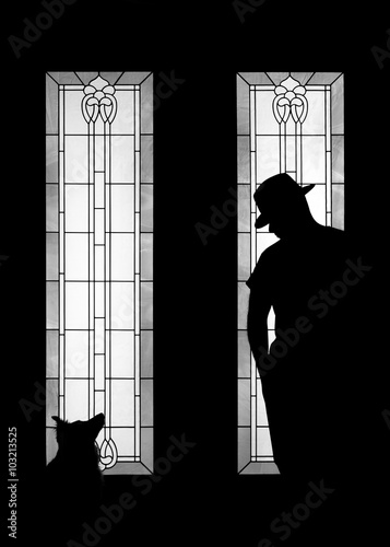 Fotografering Man and dog silhouette wearing fashionable gangster mafia hat in decorative door
