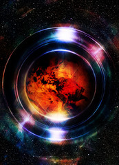 Aufkleber - Planet earth in light circle with light triangle structure. Cosmic Space background. Computer collage. Earth concept. Elements of this image furnished by NASA.
