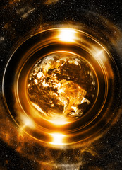 Poster - Planet earth in light circle, Cosmic Space background. Computer collage. Earth concept. Elements of this image furnished by NASA.