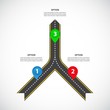 2 to 1 vertical converging roads with arrows, bright map pointers and text fields - Teamwork and focus on results - Vector infographics