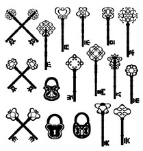 Vintage Keys And Lock Set. Vector Design
