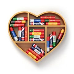 Poster - Bookshelf with ictionaries in form of heart. Learning language c