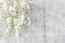 Gypsophila (Baby's-breath Flowers), Light, Airy Masses Of Small White Flowers, On Wooden Background.