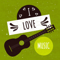 Wall Mural - Colorful juicy typographic motivational poster with musical instrument guitar on a green background with a texture. I love music. Vector