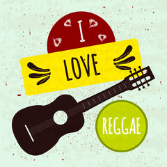 Wall Mural - Juicy colorful typographic poster with musical instrument guitar on a light background with a texture. I love the Jamaican style reggae. Vector