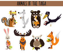 Set Of Cute Cartoon Animals Birds Living In Taiga. Owl, Fox, Hare, Elk, Bear, Crow, Chipmunk, And Wolf. Vector