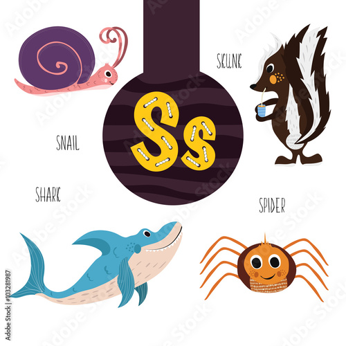 Fun Animal Letters Of The Alphabet For The Development And Learning Of Preschool Children Set Of Cute Forest Domestic And Marine Animals With The Letter S Vector Stock Vector Adobe Stock