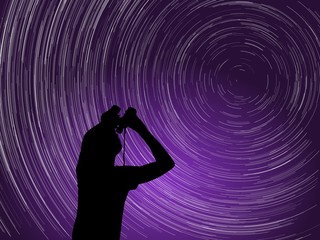 Wall Mural - Silhouette of man observing night sky. Startrails around Polaris star. Vector illustration.