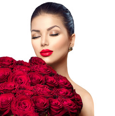 Wall Mural - Beauty fashion model woman with big bouquet of red roses