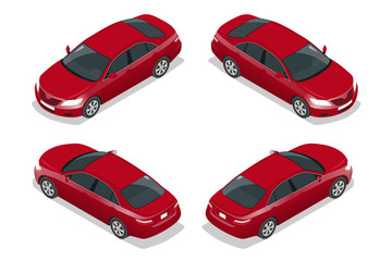 Wall Mural - Red Sedan Car. Flat isometric high quality city transport icon set. Vector illustration.