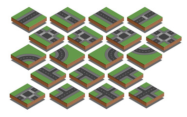 Road elements. City map creation kit. Isometric vector illustration.