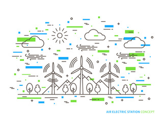 Linear air electric station (wind energy park, wind power station) vector illustration. Air energy (wind-energetic, wind-driven) creative concept. Air electricity graphic design.
