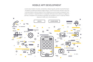 Fototapete - Mobile app (application) landing page linear vector illustration. Line graphic design of mobile app. Creative concept of flat design website page (banner).
