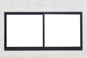 Black metal window frame on white brick wall background