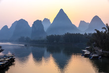 Mountains And River Sunrise View At Guilin City In China