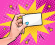 © lucky1984 - Female hand  holding a card in Pop art style.Pop art background. Party invitation. pop art, pop art design, pop art illustration, bubble, comic,message, business card, visiting card, calling card,info