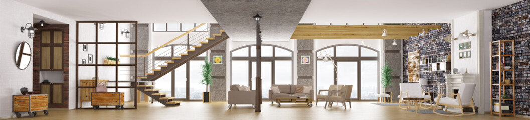 panorama of loft apartment interior, living room 3d rendering