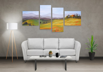art canvas in four parts. landscape theme. sofa, lamp, plant and table in room interior.