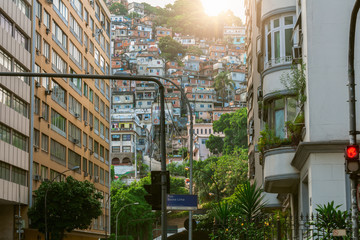 Fototapete - Street in Copacabana and favela Cantagalo in Rio de Janeiro. Brazil
