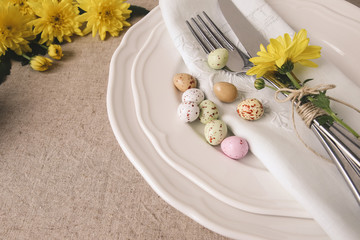 Wall Mural - Easter table setting copy space background, selective focus