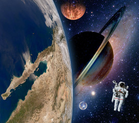 Wall Mural - Astronaut spaceman mars saturn planet spacewalk earth outer space walk galaxy. Elements of this image furnished by NASA.