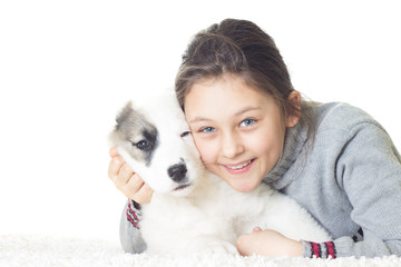 Wall Mural - smiling girl and puppy