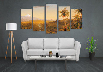 art canvas in five parts. landscape theme. sofa, lamp, plant and table in room interior.