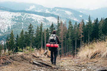 Wall Mural - caucasian male hiking in mountains