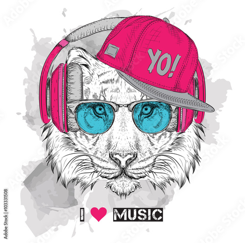 Naklejka - mata magnetyczna na lodówkę Wektorowy rysunek tygrysa w różowej czapce ze słuchawkami i okularami