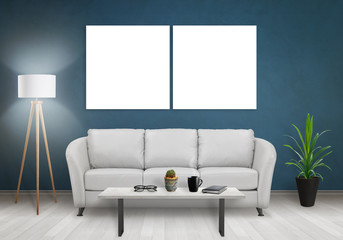 Wall Mural - Wall art canvas. Two blank isolated on black wall. Sofa, lamp, plant, glasses, book, coffee on table in room interior. 