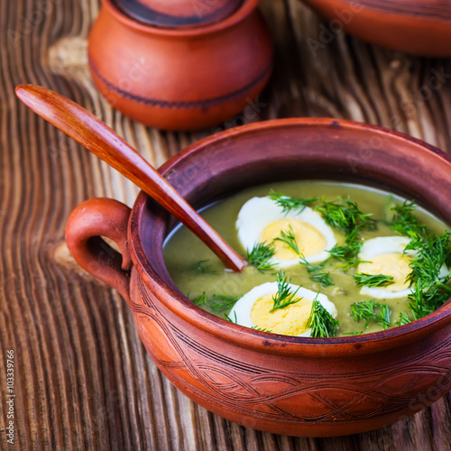 Fototapeta na wymiar green soup-cream with egg