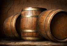 Wooden Barrels In Cellar