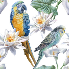 Seamless pattern with flowers and birds.