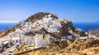 Serifos island, view of Chora village and windmills. Greece, Cyclades