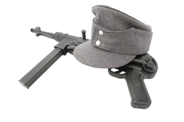 Composition german army field cap and submashine gun