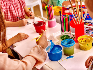 Wall Mural - Group hands keeps  brush painting on table in  kindergarten . 