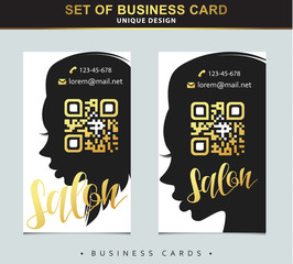 Design Template business card for beauty salon with gold and place below qr code. Silhouette girl with stylish haircut. Fashion business card qr code. Card for barbershop, store accessories, clothing.