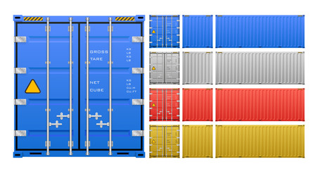 Cargo container vector isolated on white background. Metal box or equipment for storage at dock, port, warehouse. Freight transport by ship, crane, trailer truck for shipping, import export business.