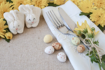 Wall Mural - Easter table setting copy space background, selective focus